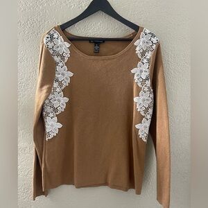 INC International Concepts Y2K Brown Sweater with White Floral‎ Lace XL
